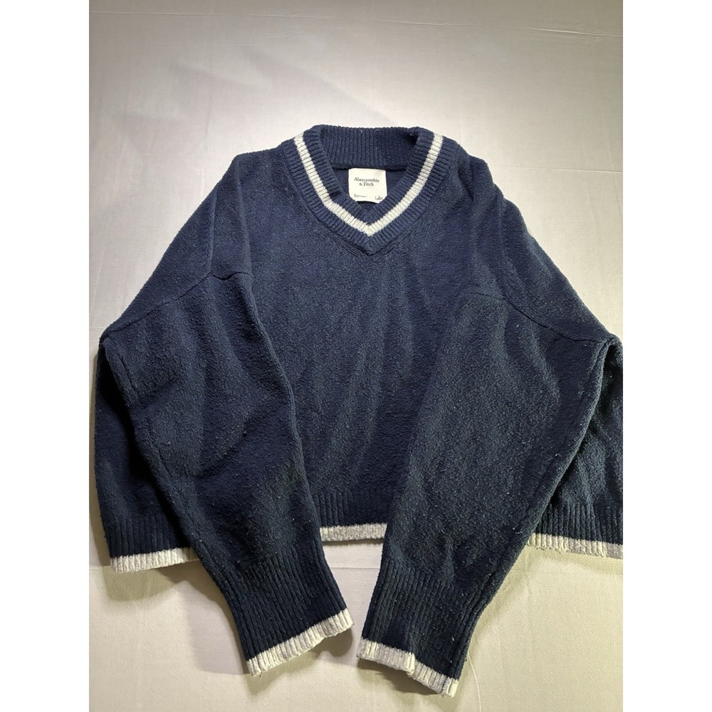 Abercrombie & Fitch Navy Blue Varsity Stripe V-Neck Sweater Womens Size L